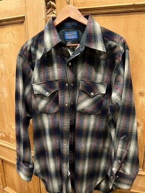 Pendleton Plaid Wool Western Shirt - Navy, Cream & Burgundy Accents